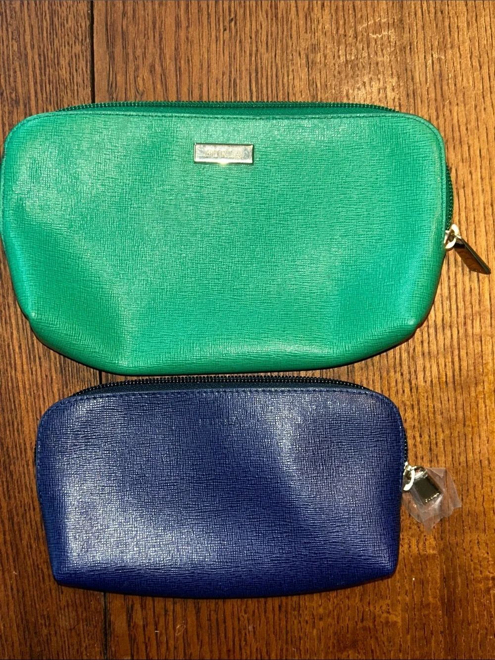 2 Furla Nest 🪹 Pouches Teal and Indigo Textured Saffiano Zippers logo lining